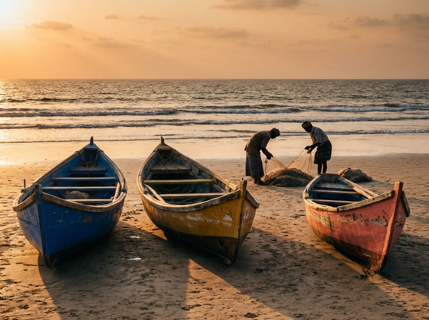 Kerala beach at sunset with traditional fishing boats on the sand