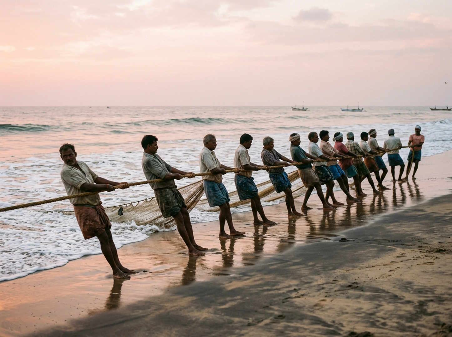 Traditional fishing boats on a quiet Kerala beach at dawn