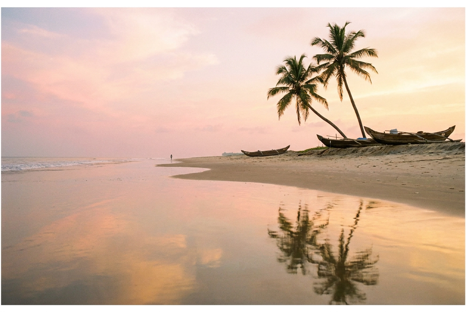 Marari beach fishing village with palms and traditional boats
