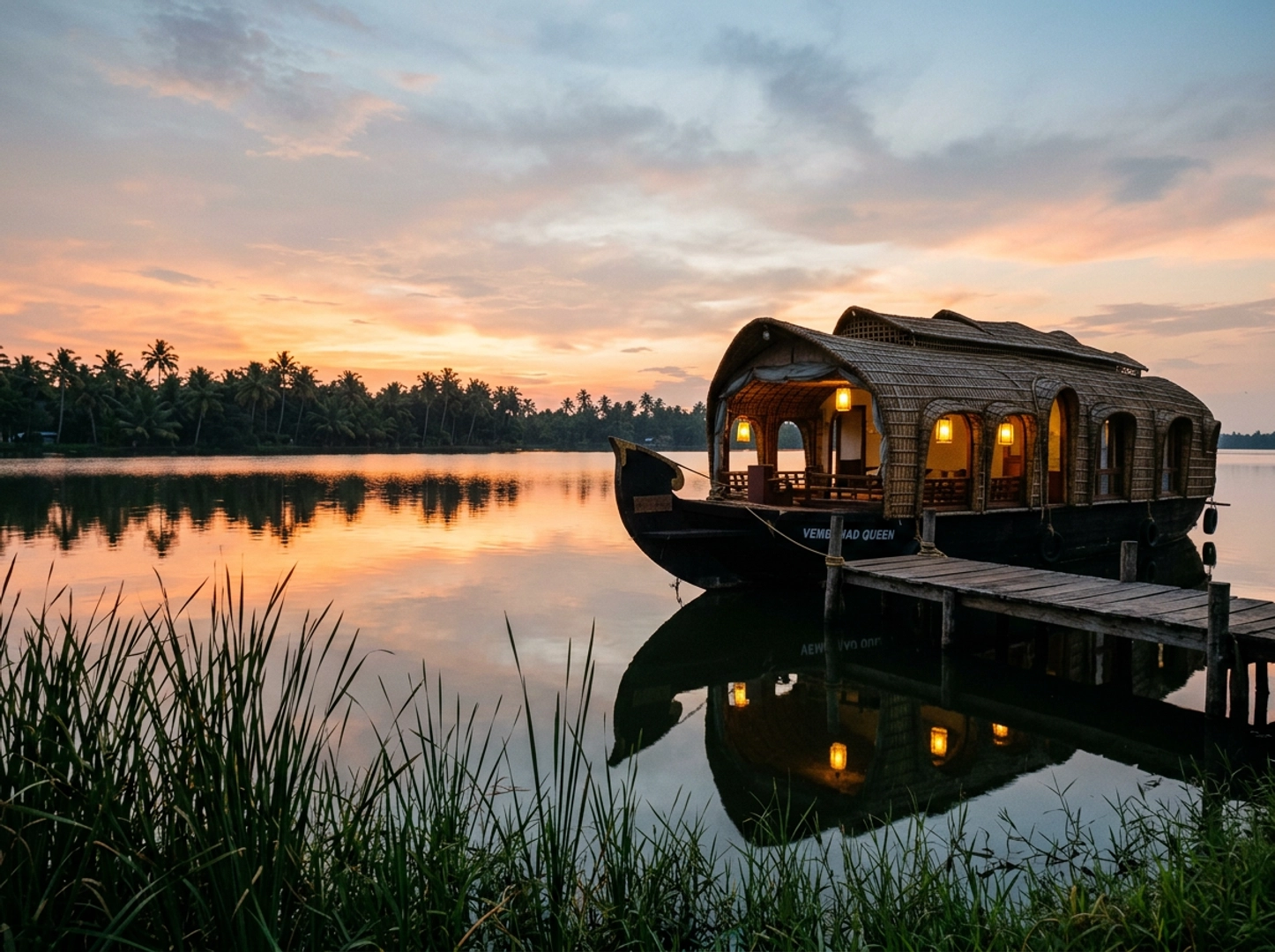Traditional Kerala kettuvallam houseboat moored on the calm Alleppey backwaters at sunset
