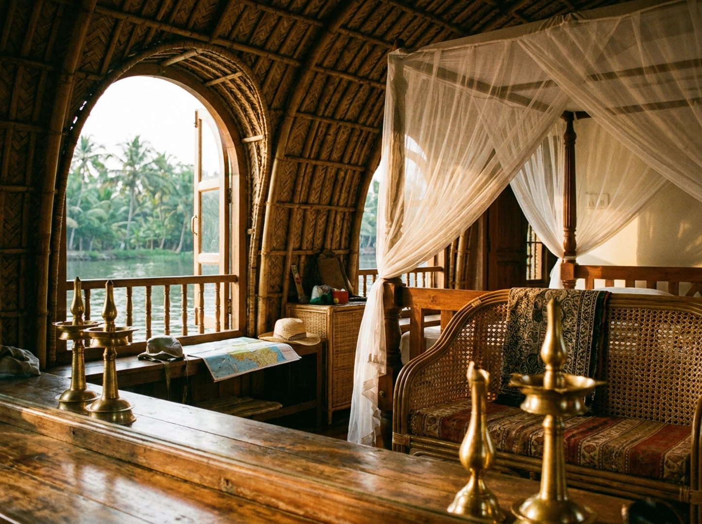Interior of a luxury Kerala houseboat with traditional thatched bamboo roof