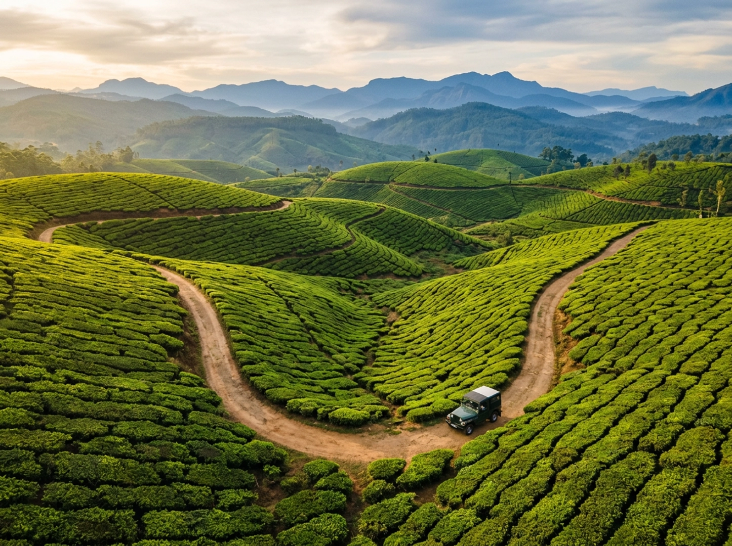 Munnar tea estate rolling hills at sunrise