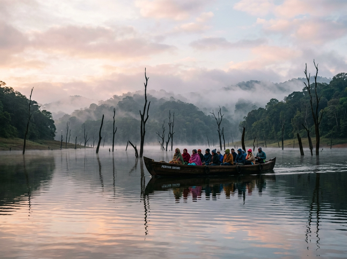 Periyar Lake wildlife sanctuary boat safari at dawn