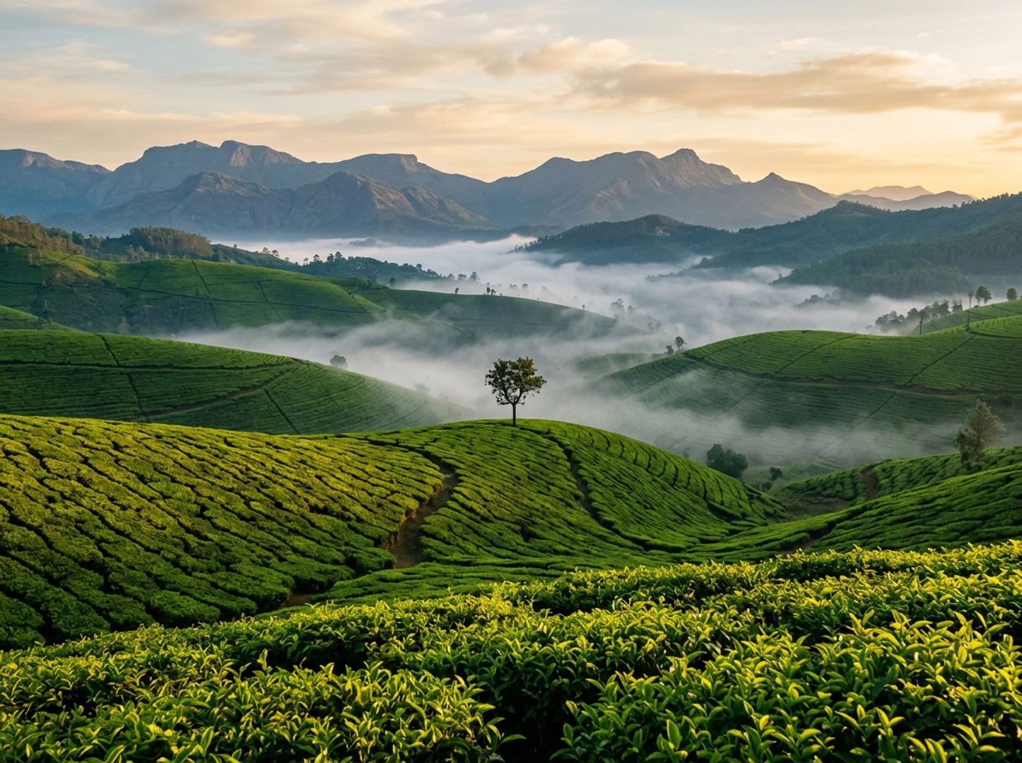 Rolling tea estates at Munnar with morning mist filling the valleys