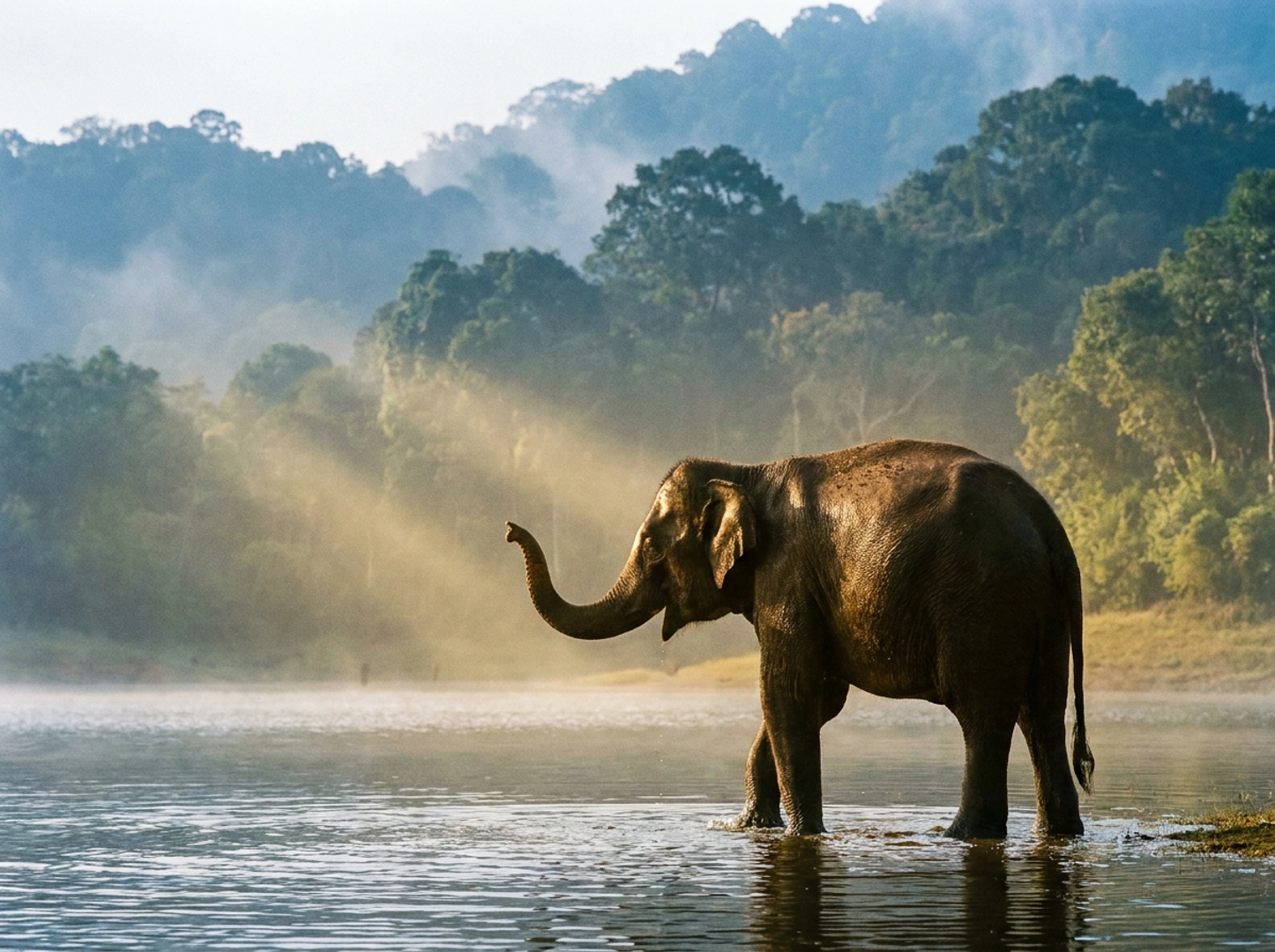 Wild Indian elephant drinking at the edge of Periyar Lake at dawn