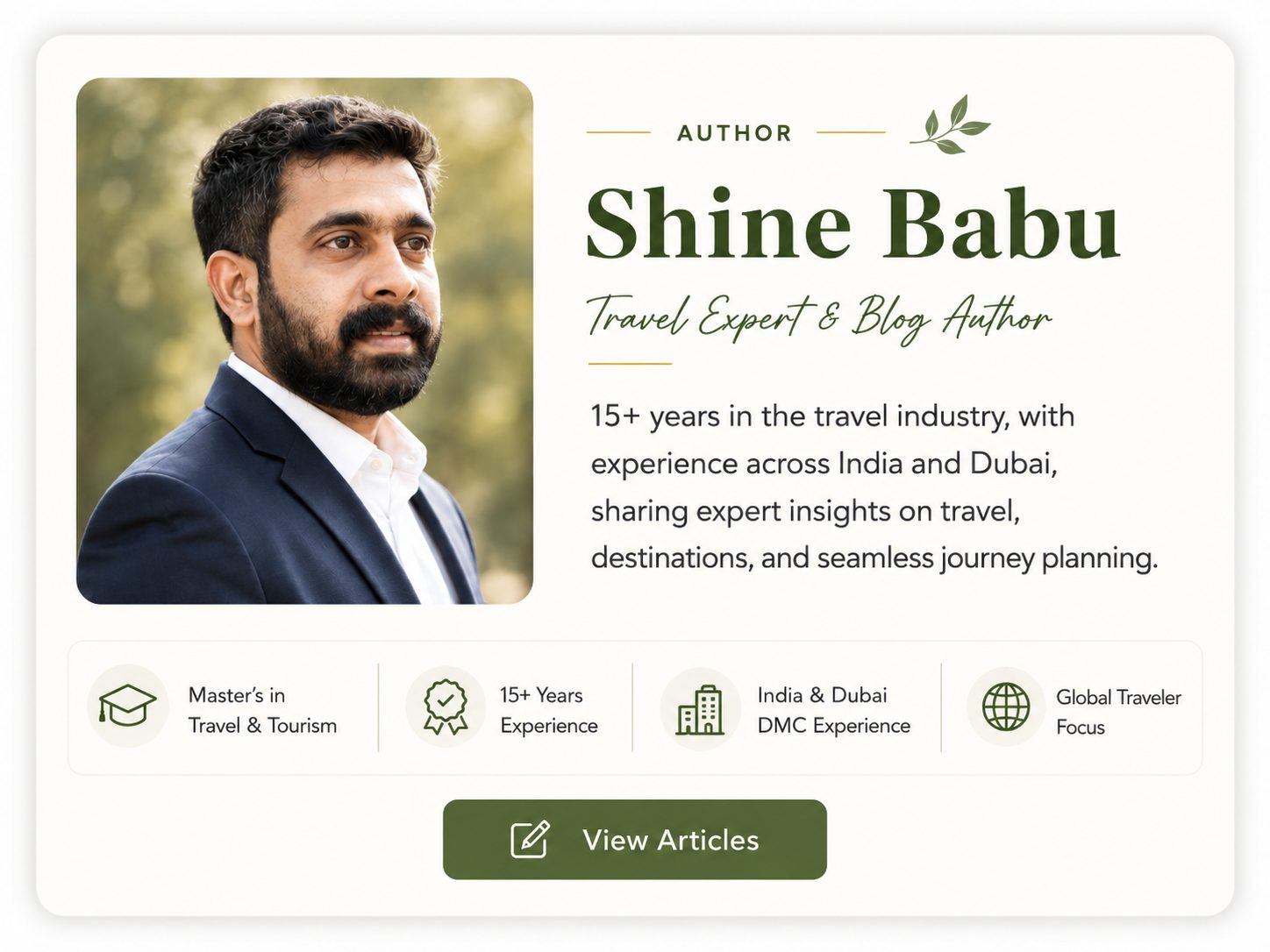 Shine Babu, Travel Expert and Blog Author at Southern India Holidays — 15+ years in travel across India and Dubai, with a Master's in Travel and Tourism and DMC experience, focused on planning calm, well-paced South India journeys.