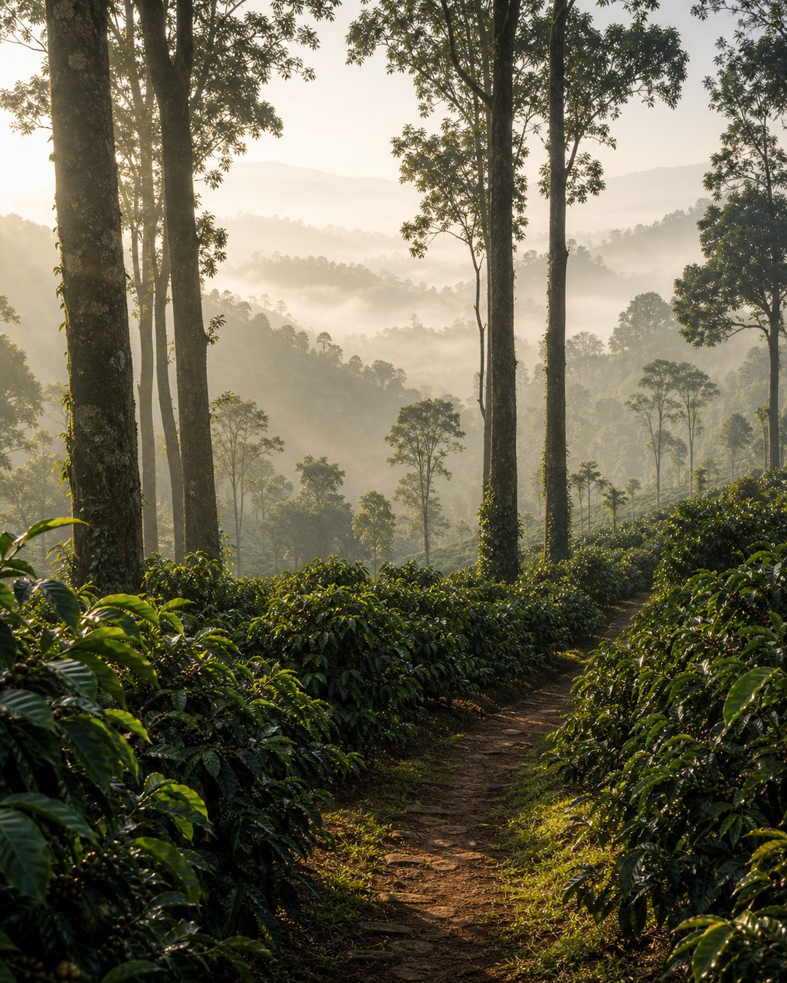 Coorg coffee plantation hills with mist and filtered morning light.
