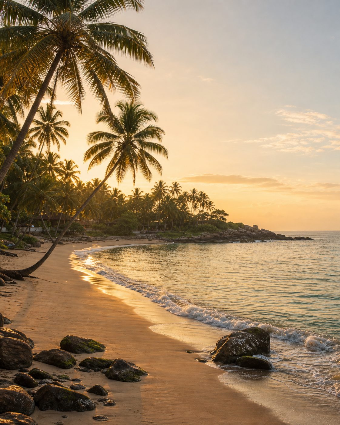 A refined Kovalam beach cove with palms and warm Arabian Sea light.