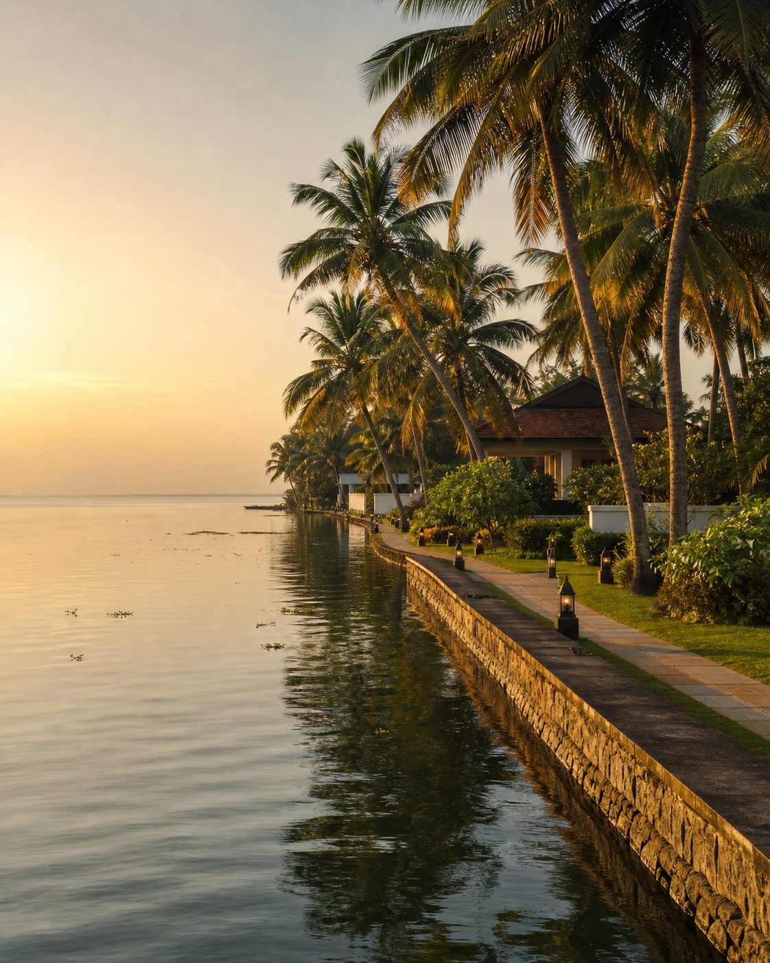 A luxury lakeside resort scene in Kumarakom beside Vembanad Lake.