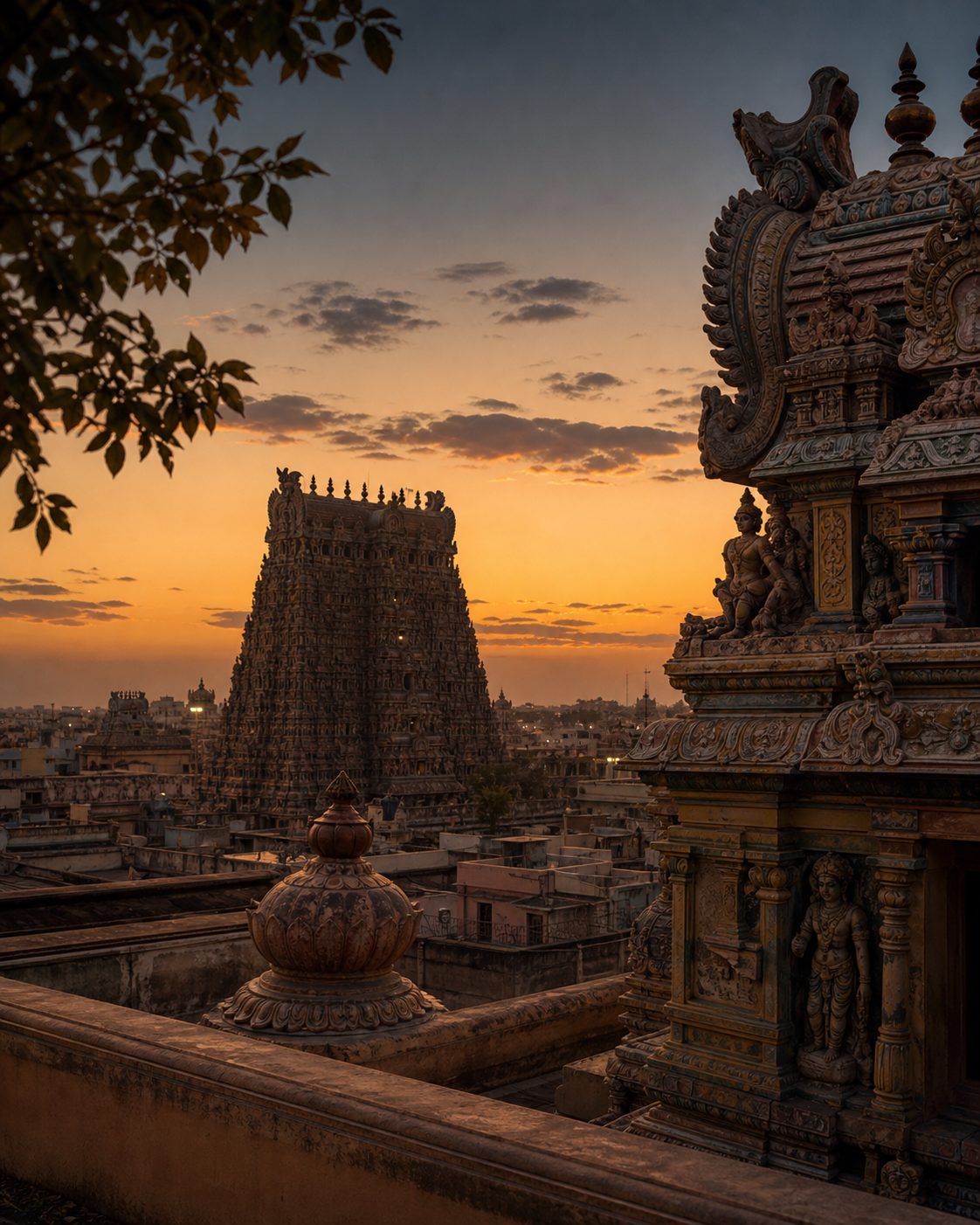 Madurai temple heritage at dusk with warm stone and cinematic light.