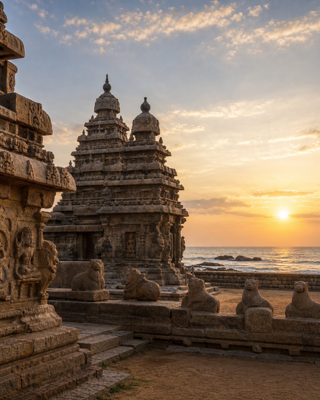 Mahabalipuram shore temple stone architecture beside the Bay of Bengal at sunrise.