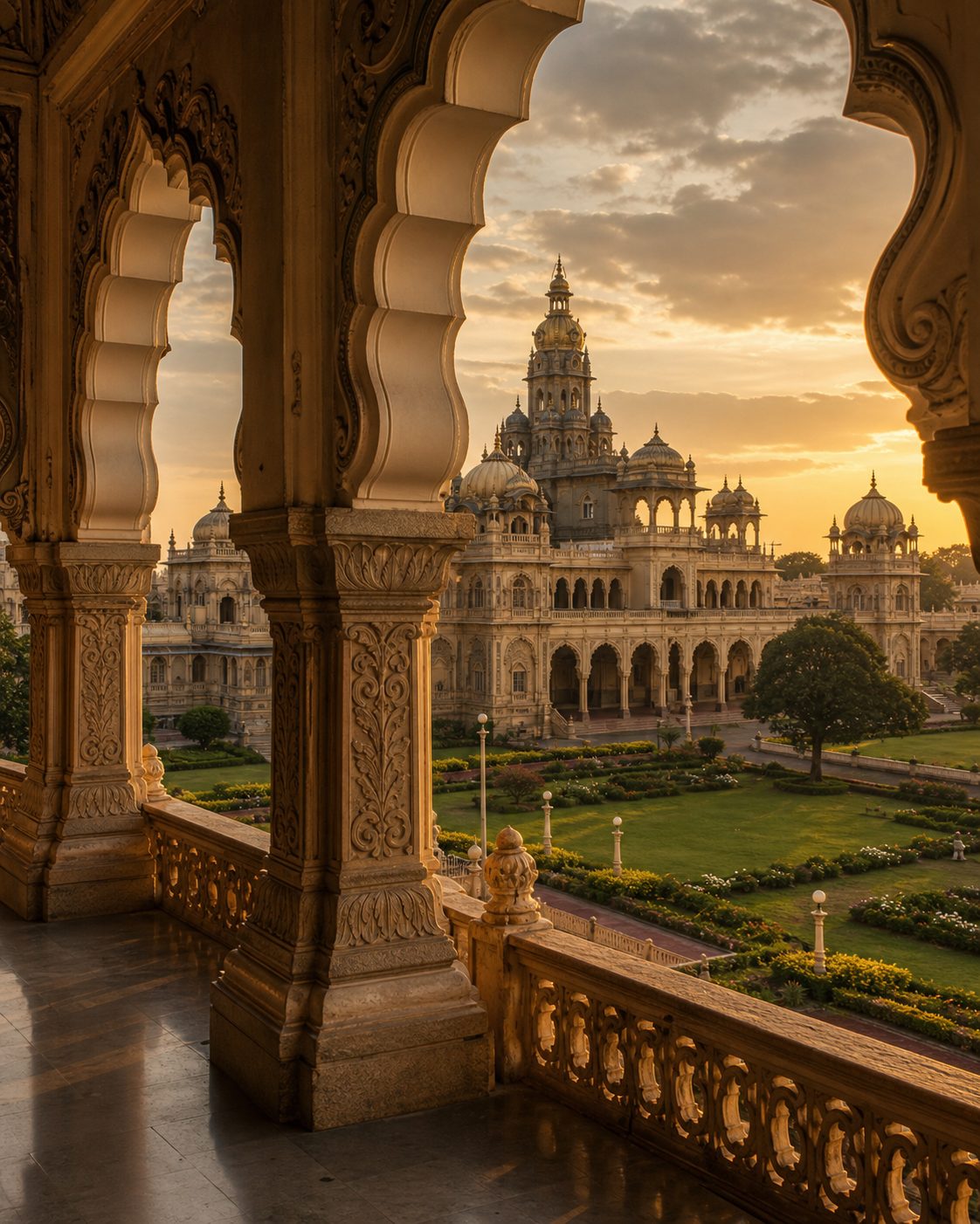 Mysore heritage architecture and gardens in golden light.