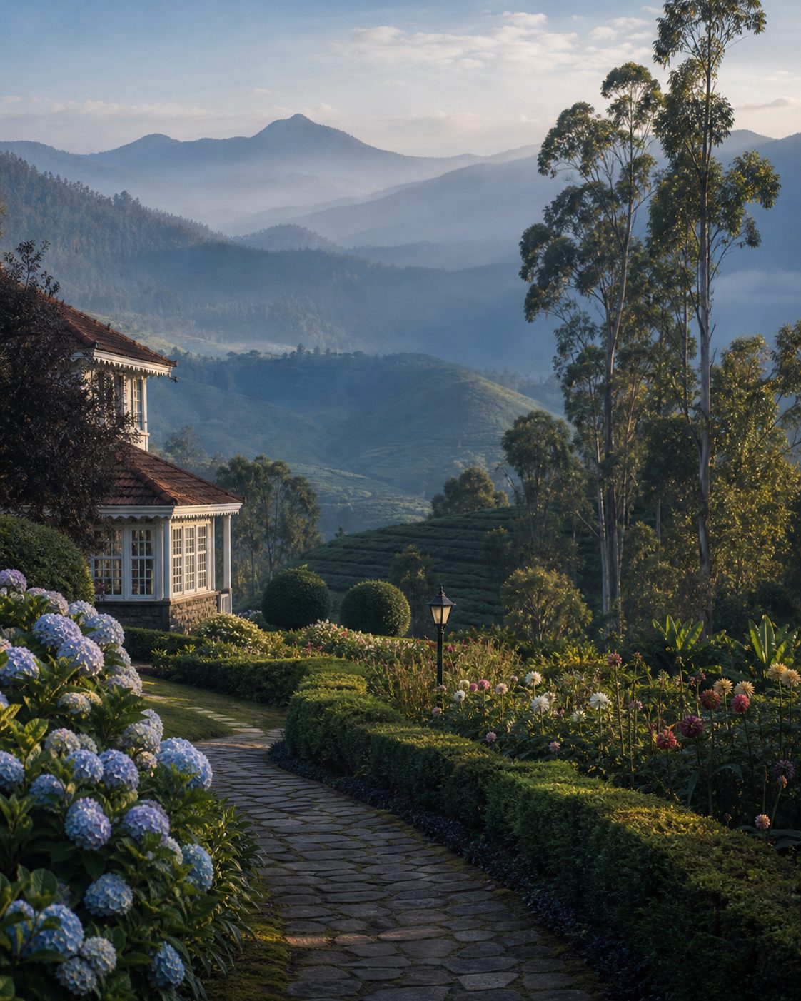 Ooty and the Nilgiri hills with cool morning light and garden paths.