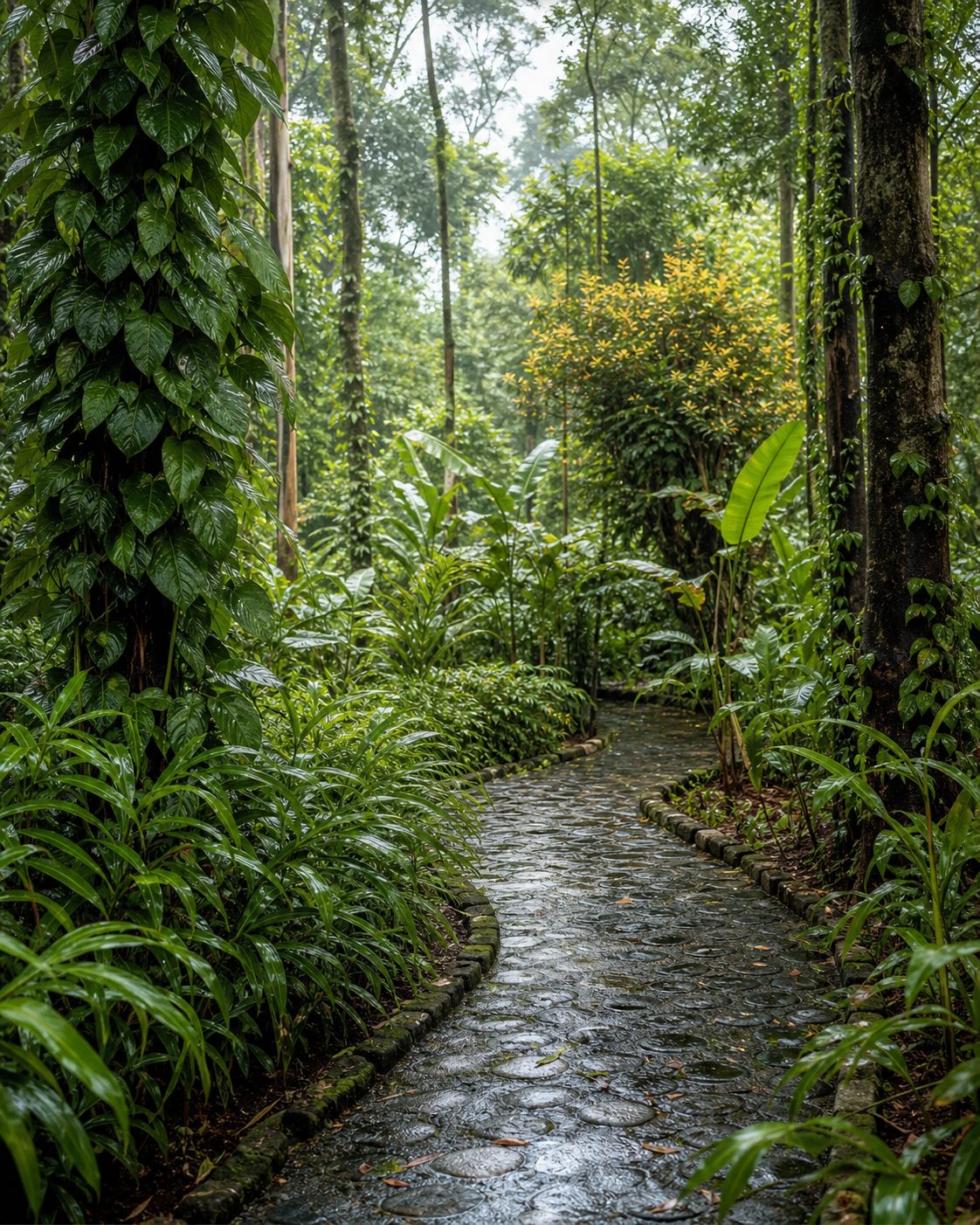 A lush Thekkady spice garden and forest path in Kerala.