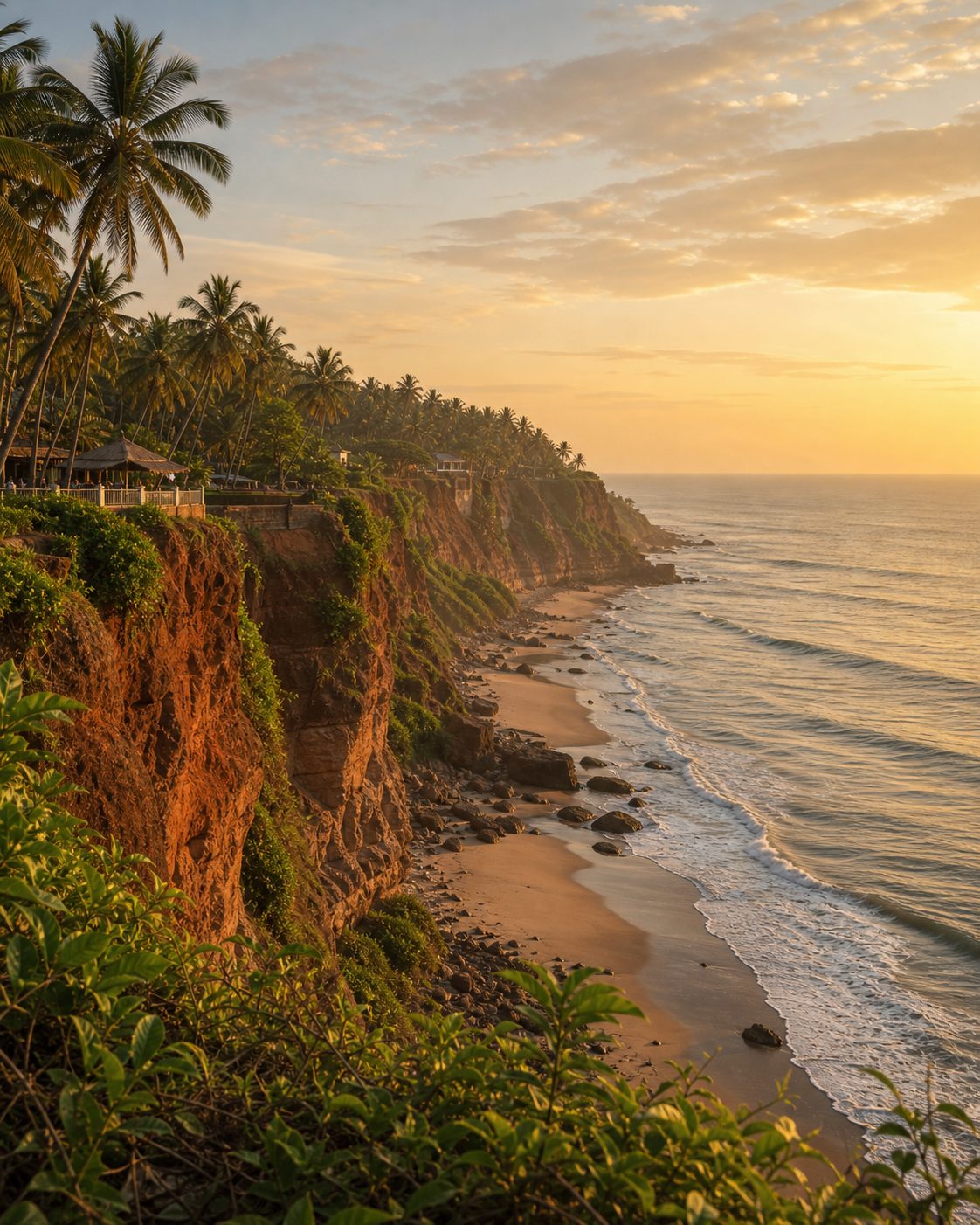 Varkala red cliffs above the Arabian Sea at sunset.