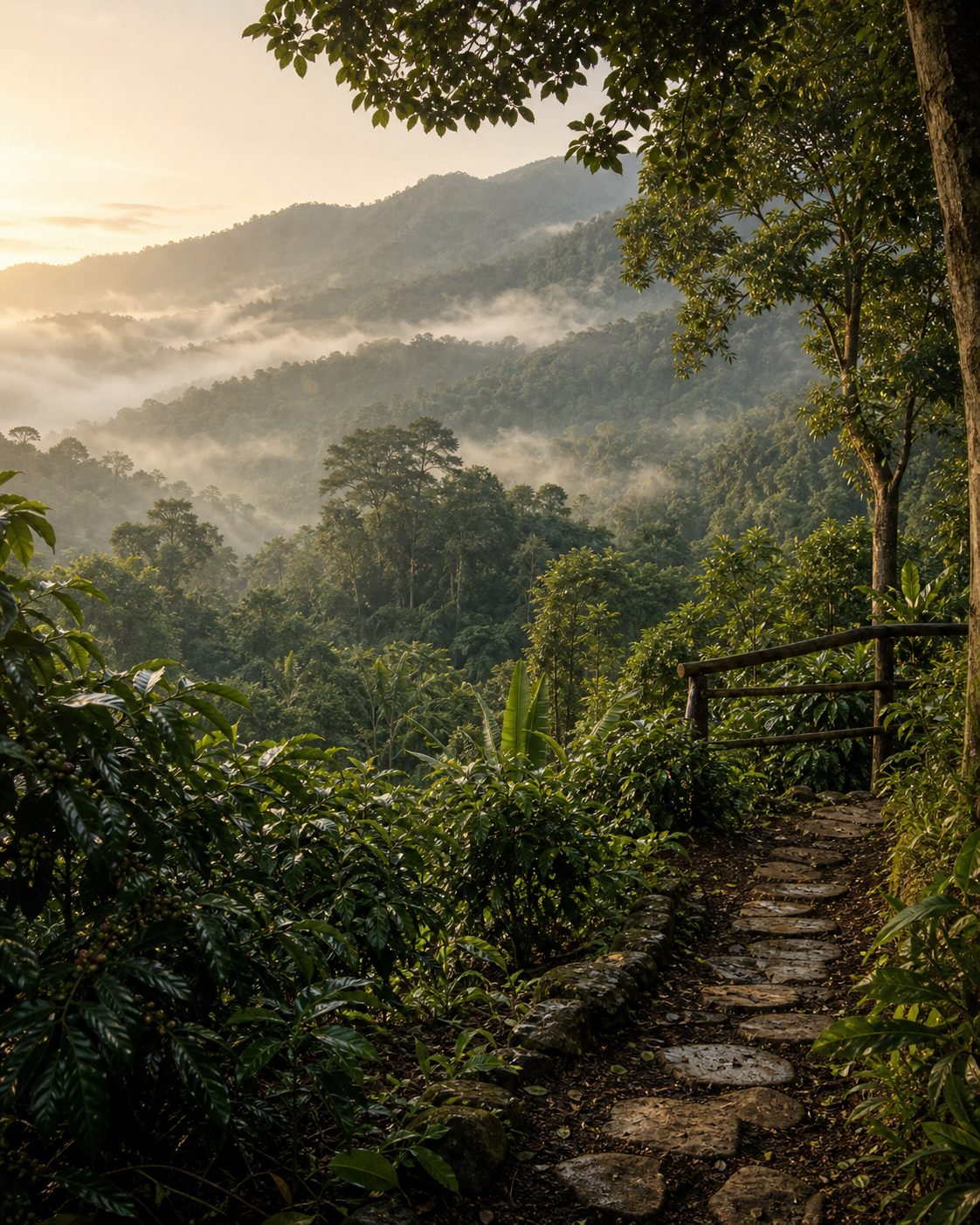 Misty Wayanad rainforest hills and coffee estate greenery in Kerala.