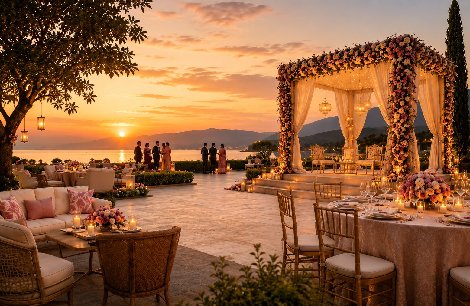 A sunset destination wedding setting in South India with a floral mandap, candlelit dining and sea views.