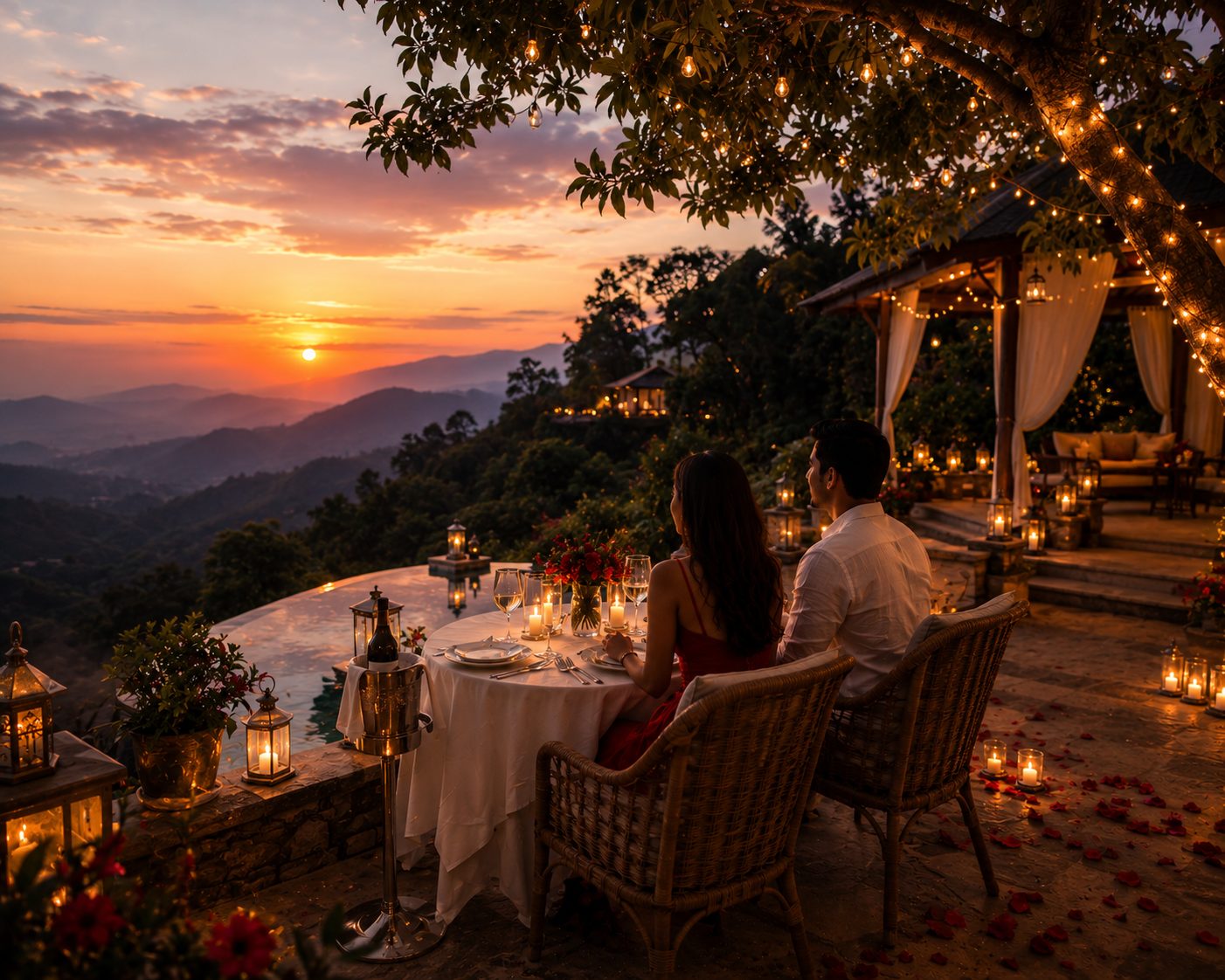 A romantic Kerala honeymoon setting with quiet luxury atmosphere.