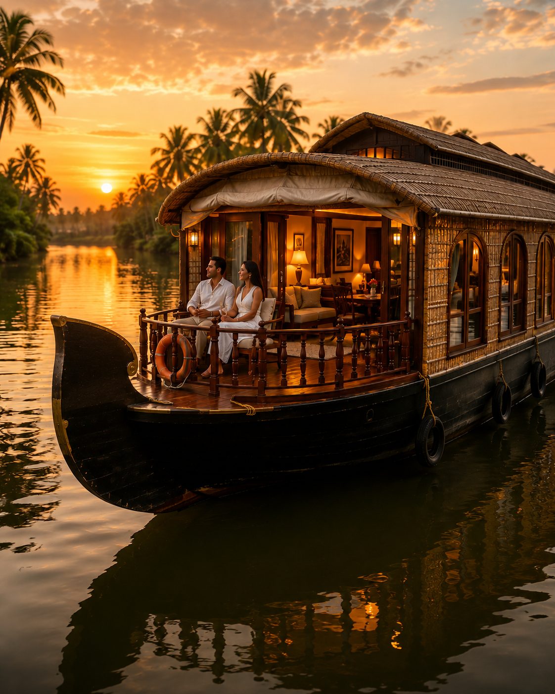 A private Kerala houseboat prepared for a luxury backwaters journey.