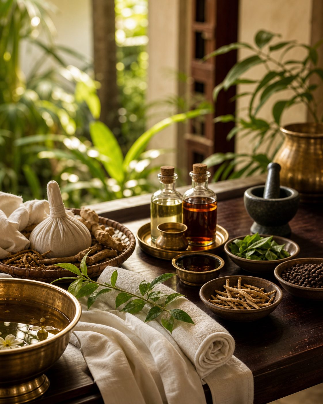 Calm Kerala Ayurveda retreat room prepared for a wellness stay.
