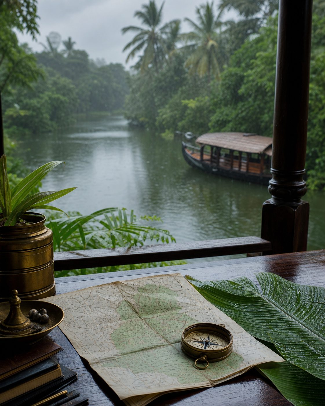 Kerala backwaters in calm weather during the main travel season.