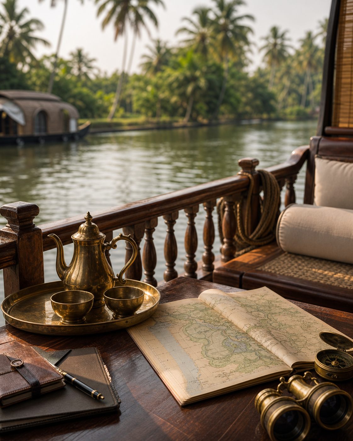 Private Kerala houseboat prepared for an overnight backwater stay.