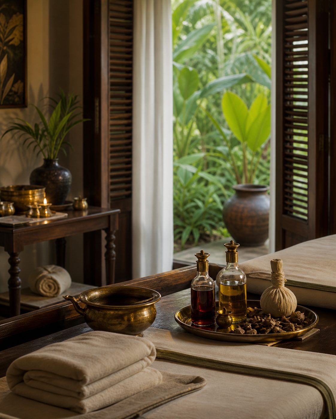 A quiet Kerala Ayurveda retreat room prepared for wellness therapies.