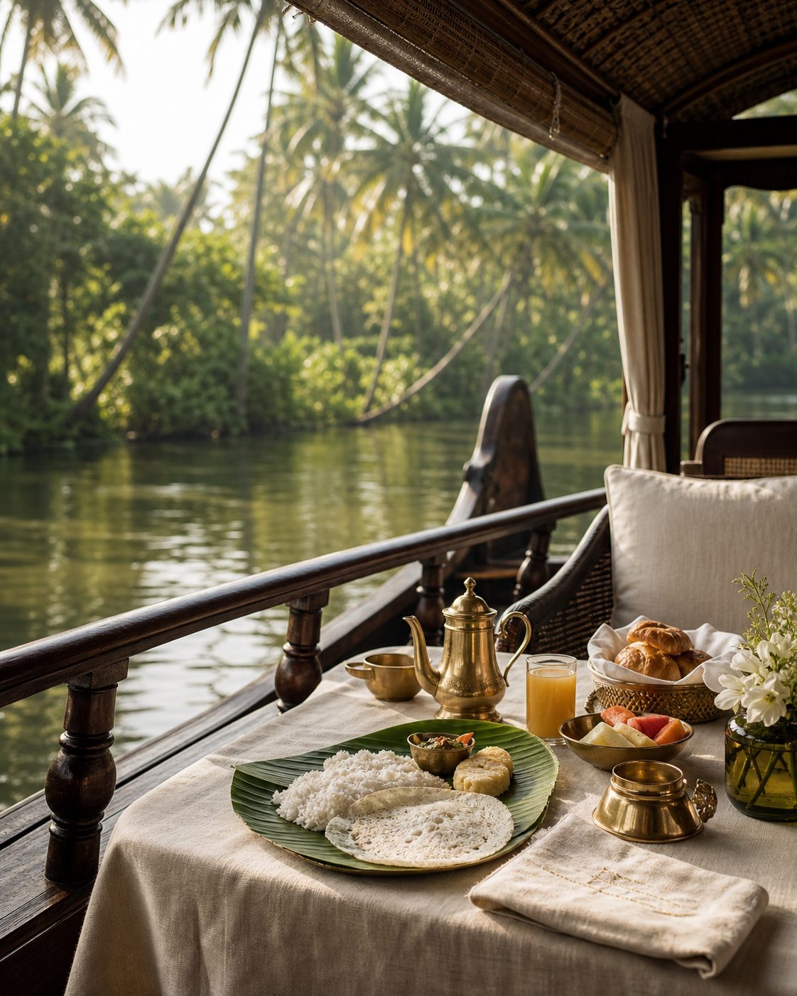 Private breakfast on a Kerala houseboat deck in the backwaters.