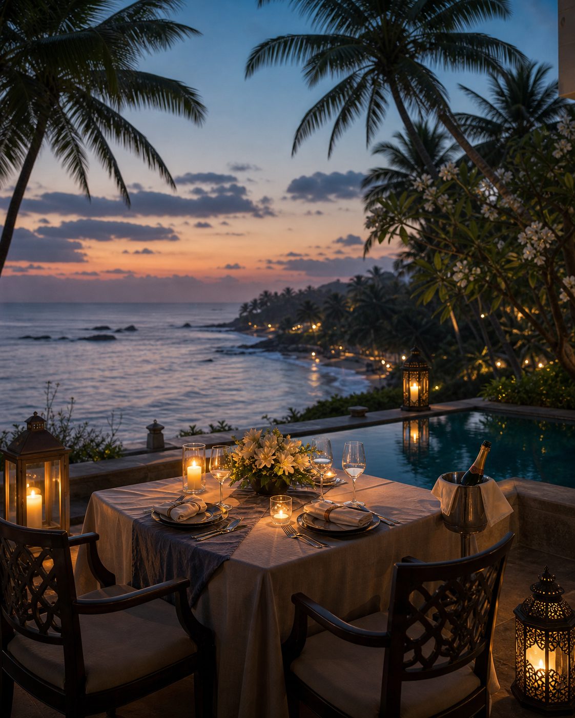 A candlelit Kerala coastal villa dinner setting for two.