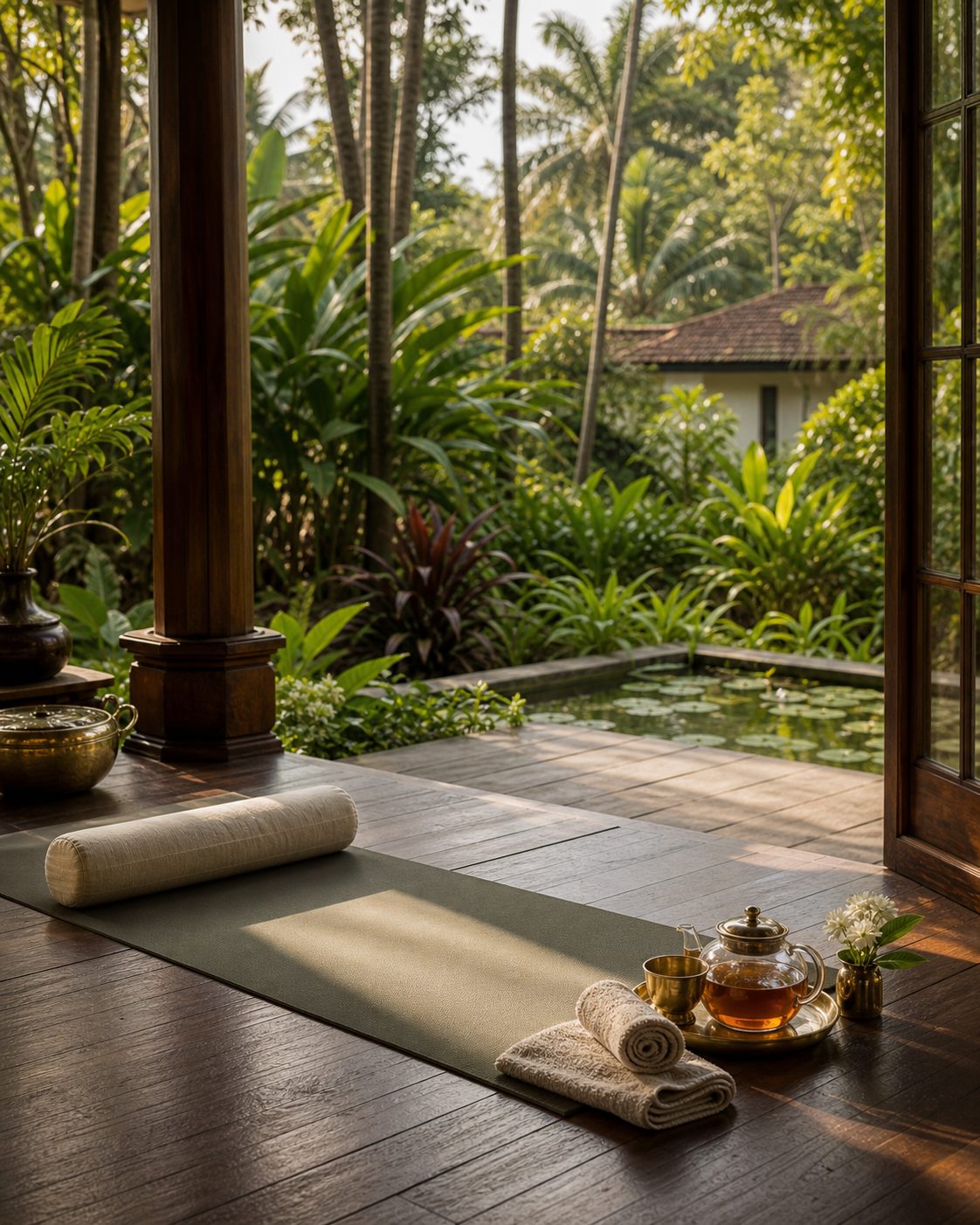 A luxury Kerala wellness veranda prepared for a short reset.