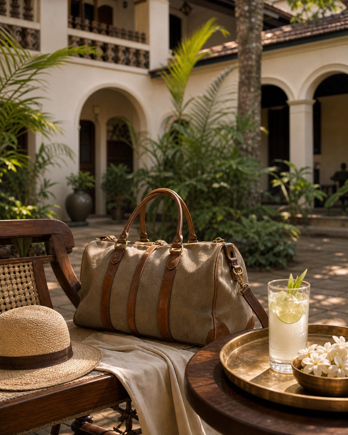 A refined Fort Kochi boutique hotel courtyard set for a short transit escape.