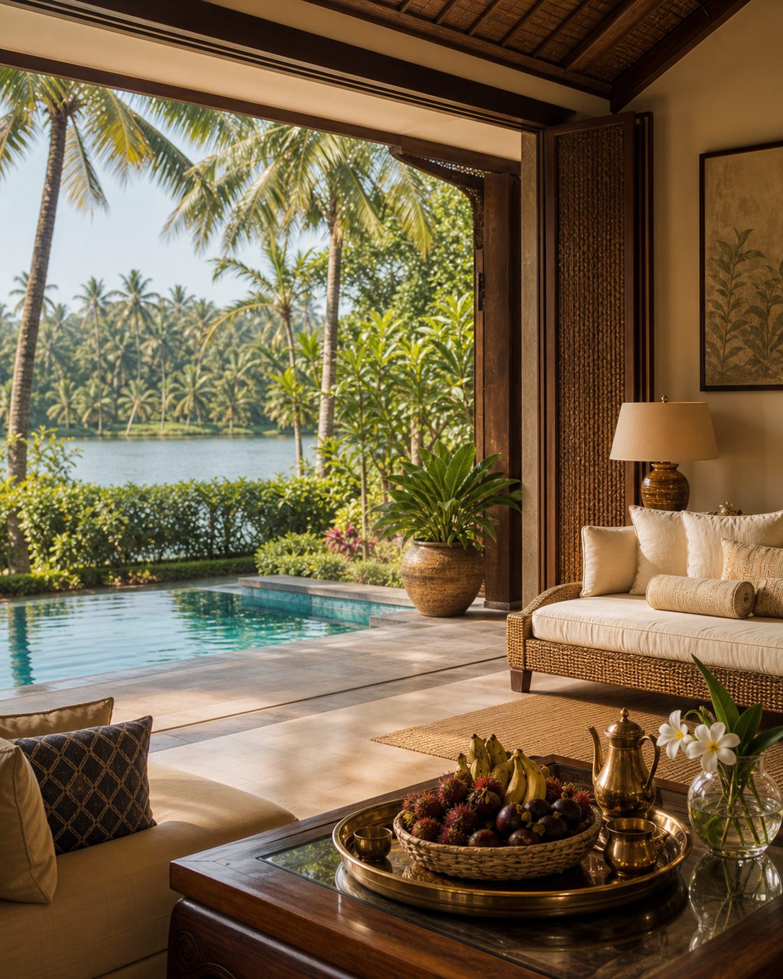 A luxury Kerala pool villa terrace prepared for a short family break.
