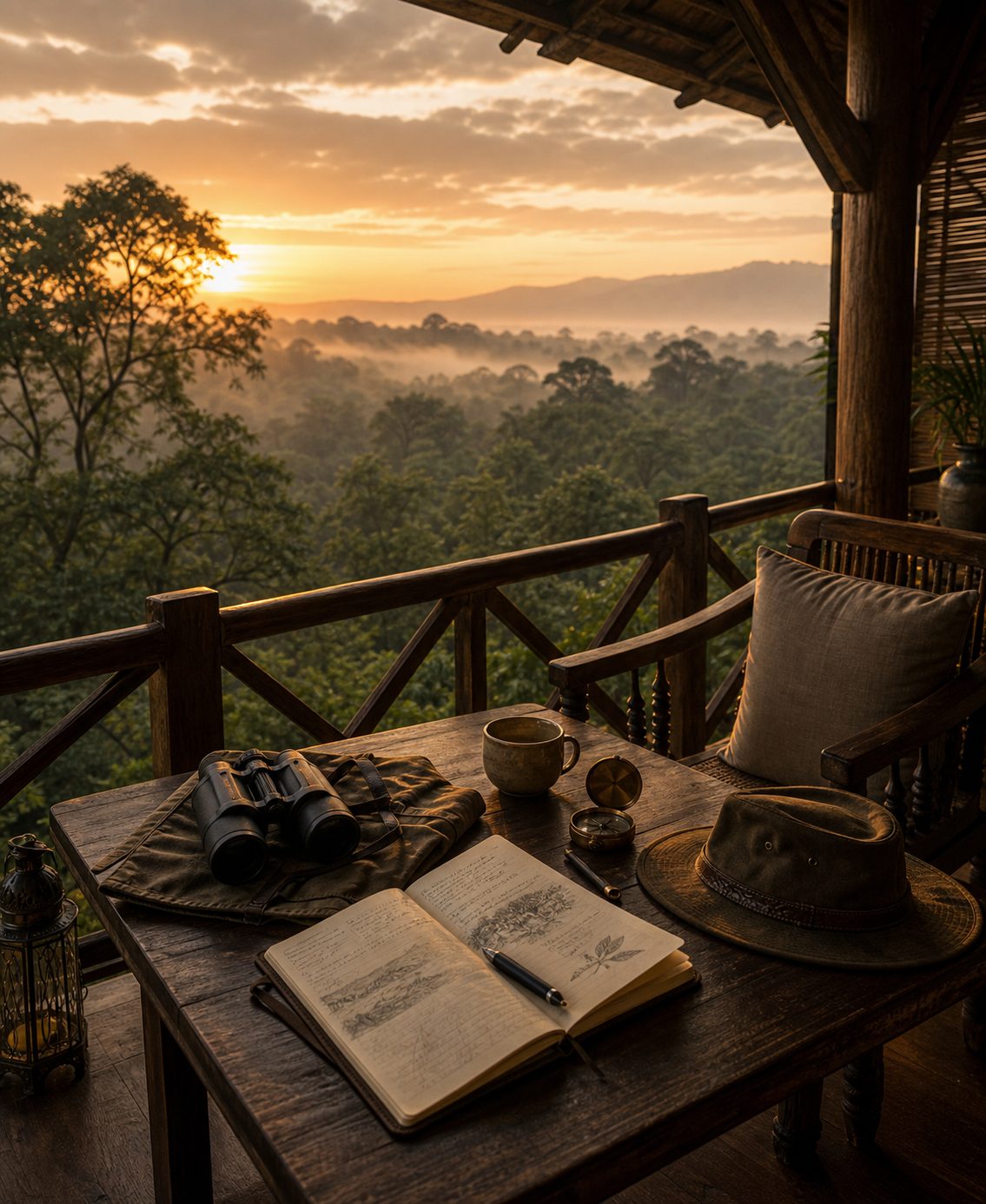 A refined South India safari lodge veranda at dawn.